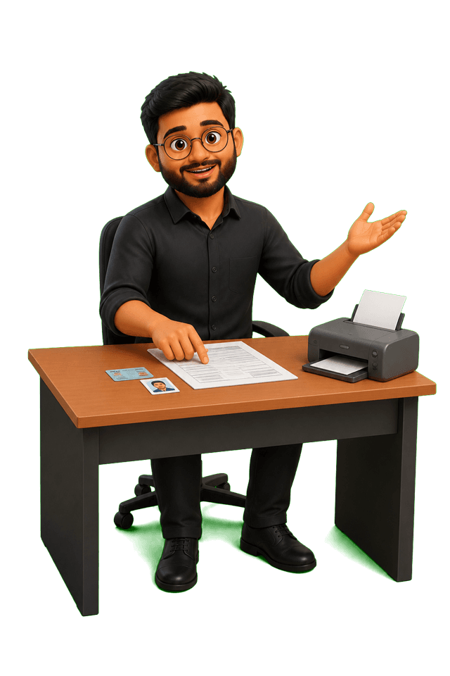 Host helping with passport photos and document work at the CSC desk