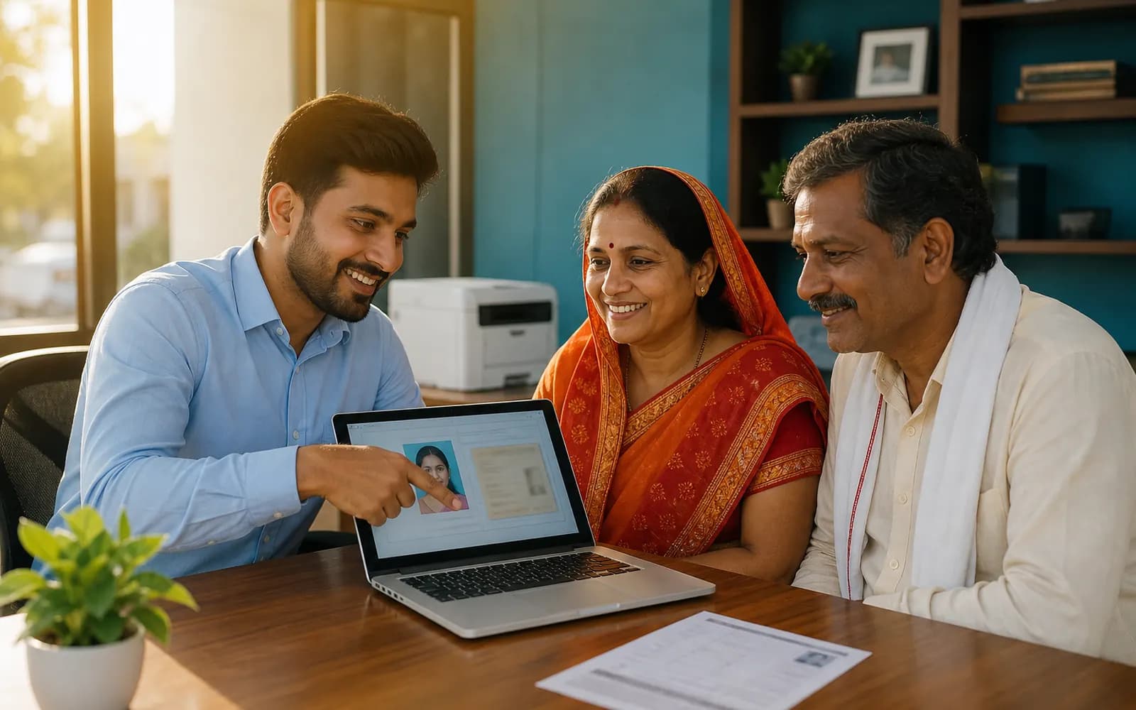 Unchehara desk — a family getting photo, form and dukaan work done with Sharda