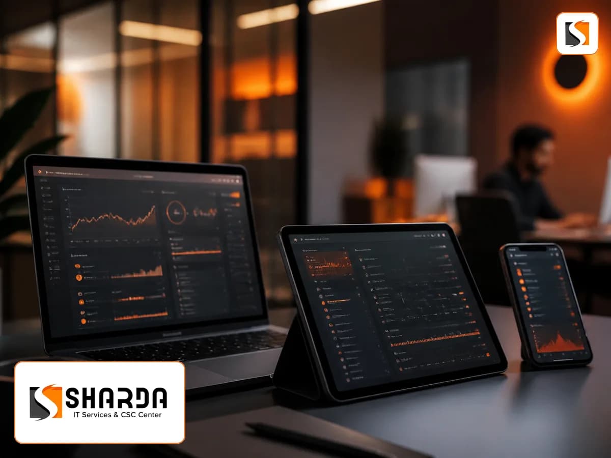 Sharda IT Services technology workspace with branded devices