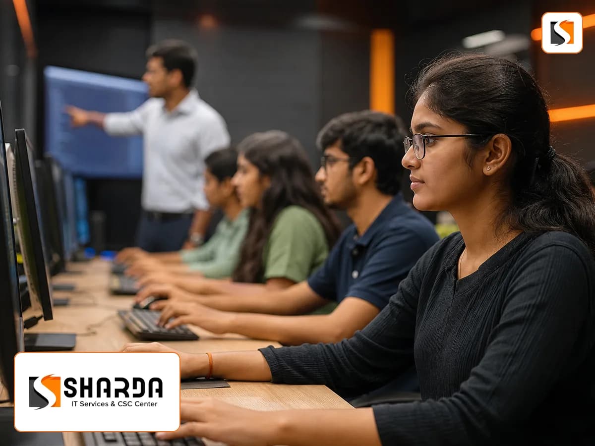 Students learning computer skills at Sharda IT Services
